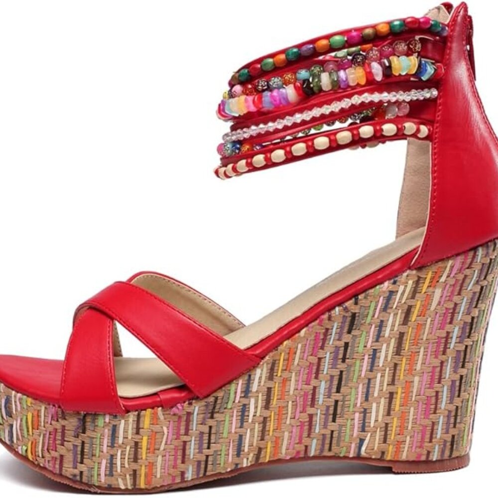 Women's Wedge Sandals With Pearls Across The Top Platform Sandals High Heels